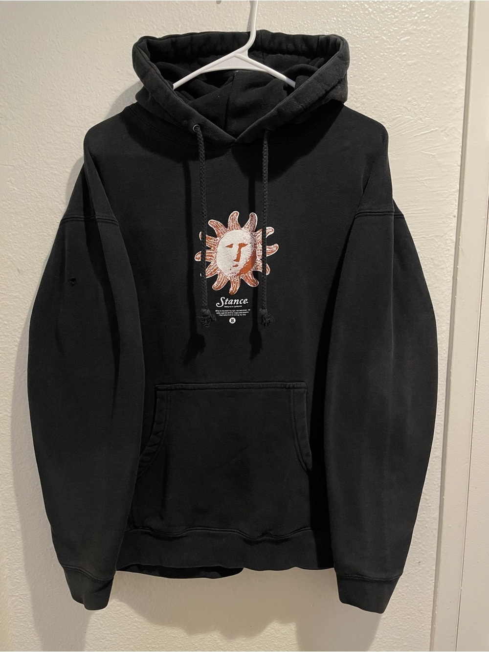 Stance Heavyweight Pullover Hoodie Black Large Celestial Sun Graphic Distressed